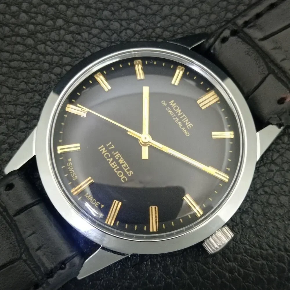 Vintage 1976 Montine Of Switzerland Manual Mens Silver Watch W/Leather Strap